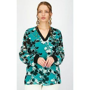 CALVIN KLEIN Women's Black & Green Floral Vneck Long Sleeve Blouse Plus 1X